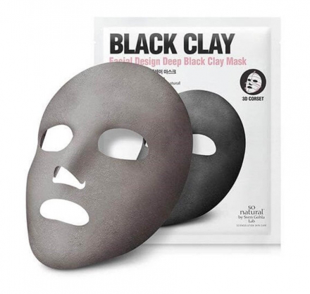 Маска-корсет для лица очищающая на основе угля и вулканического пепла SO NATURAL Facial Design Deep Black Clay Mask, 14 г